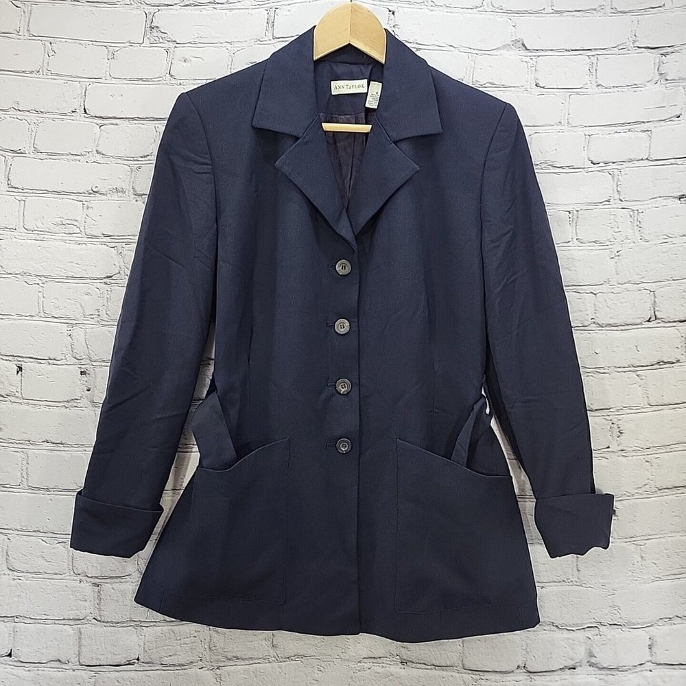 Ann Taylor Blazer Womens Size 6 Navy Blue Wool Blend Padded Belted Career Jacket